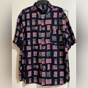 Cotton Traders Sport Patriotic Navy Blue With FLAGS Men's Button Down Shirt XL